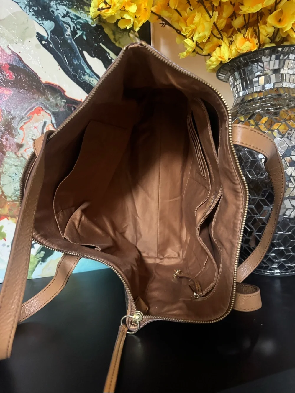 Fossil Brown Patterned Tote with Tan Trim